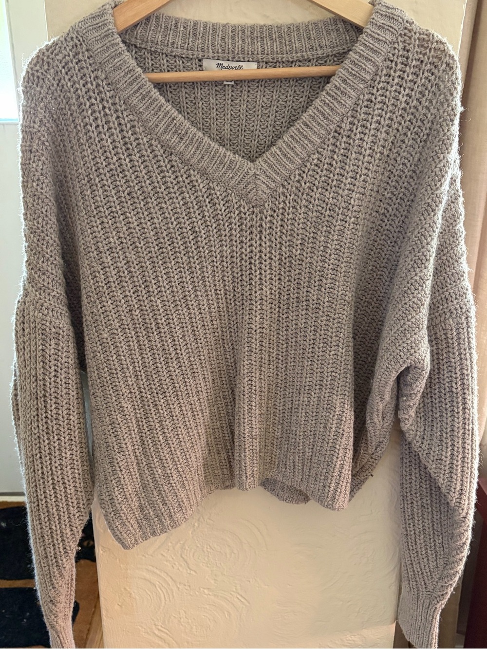 Madewell Heathered Taupe V-Neck Chunky Sweater